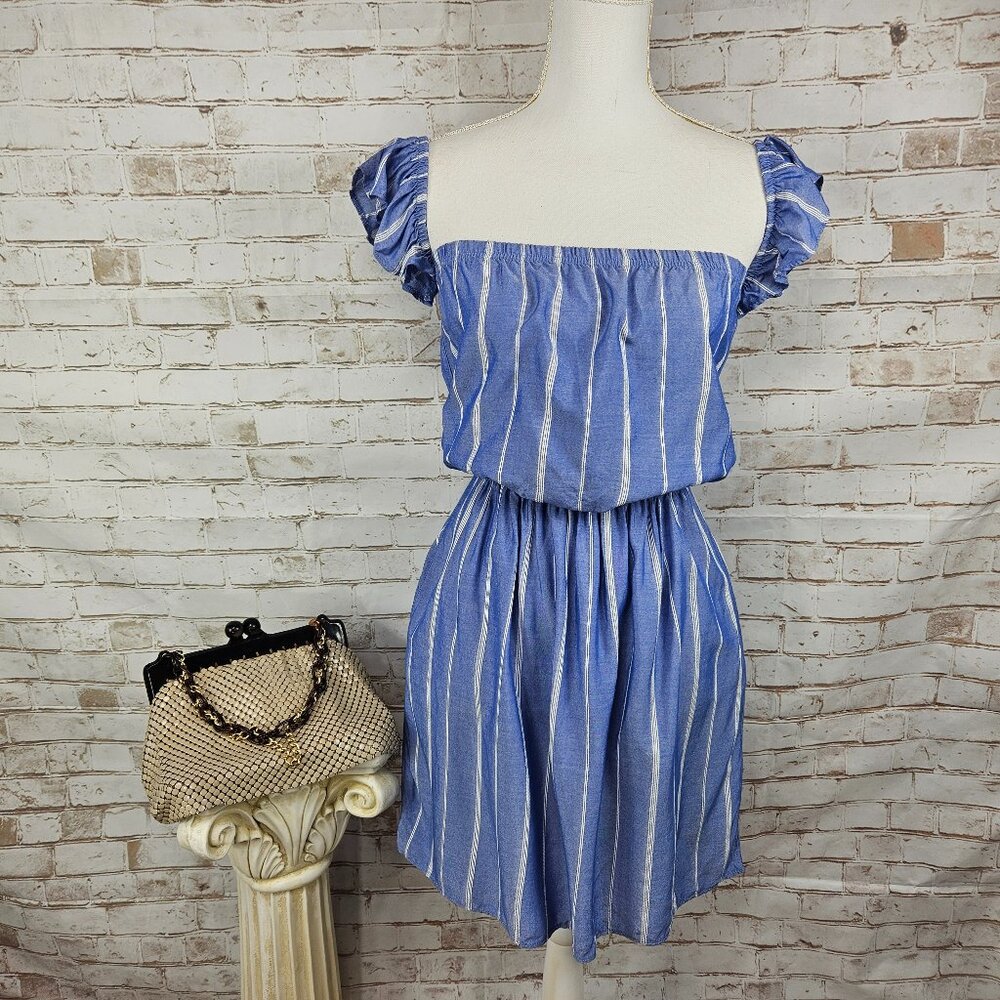 American Eagle Size S Blue/White Striped Chambray Sleeveless Ruffle Mini Dress